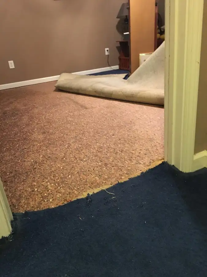 Carpet pad removal revealing water damage during Water Mitigation Services in Fort Mill